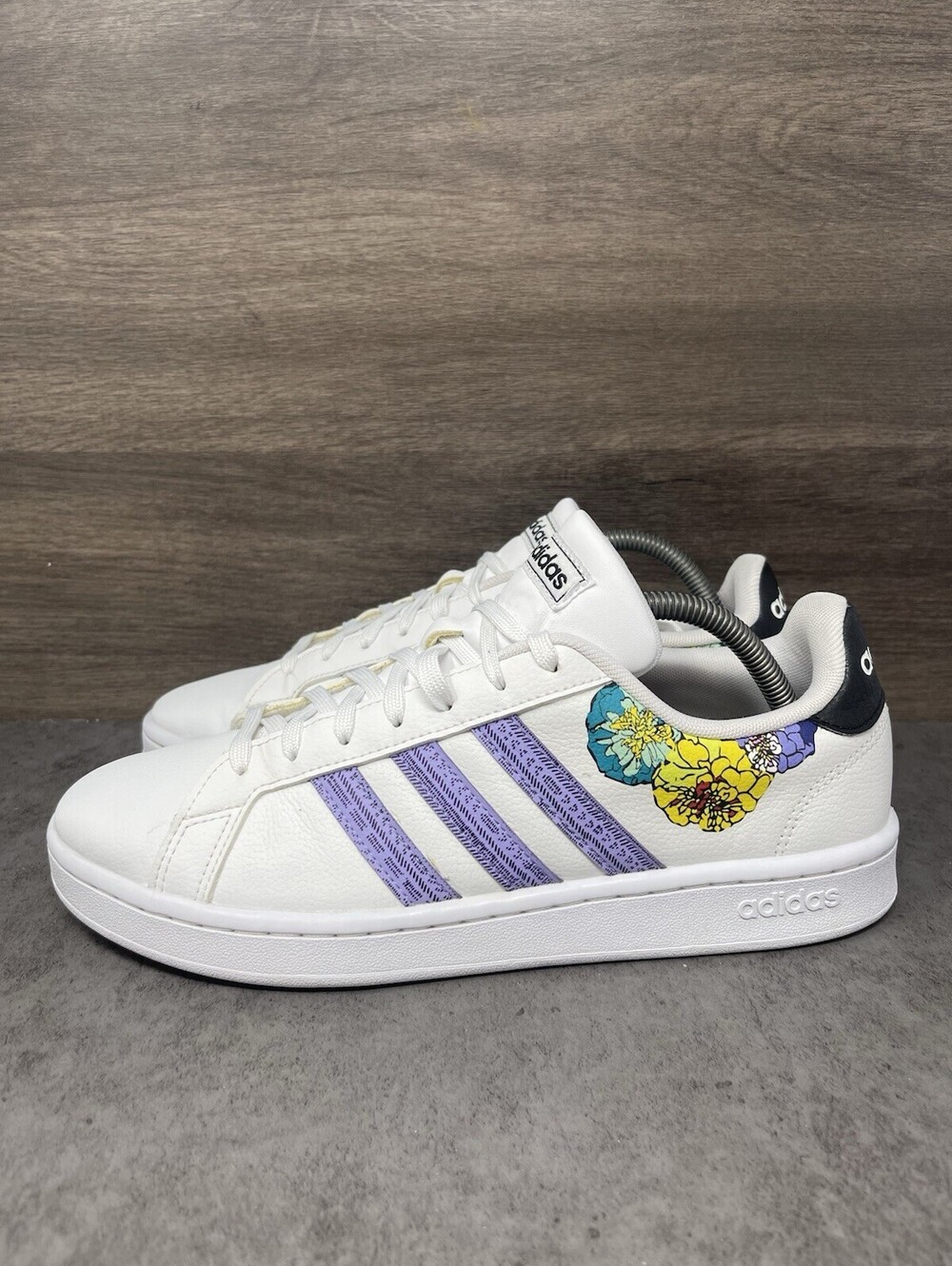 adidas Grand Court Womens Size 10 White Purple Floral Casual Sneakers GY6246